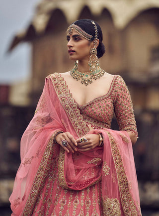 Rose Pink Raw Silk Lehenga Set by Nitika Gujral available on Indiaspopup.com