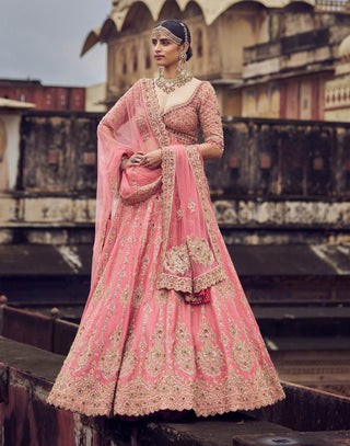 Rose Pink Raw Silk Lehenga Set by Nitika Gujral available on Indiaspopup.com