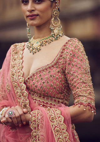 Rose Pink Raw Silk Lehenga Set by Nitika Gujral available on Indiaspopup.com