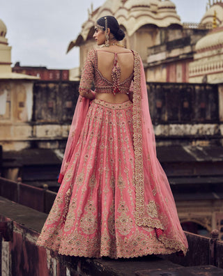 Rose Pink Raw Silk Lehenga Set by Nitika Gujral available on Indiaspopup.com