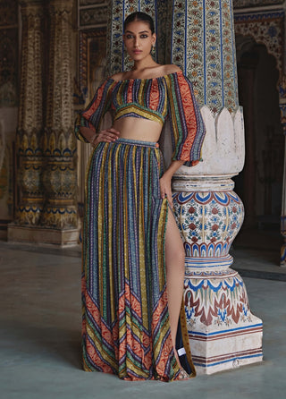 Samah Multicolor Crop Top And Palazzo by Kalista available on Indiaspopup