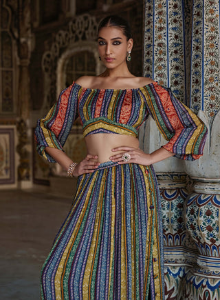 Samah Multicolor Crop Top And Palazzo by Kalista available on Indiaspopup