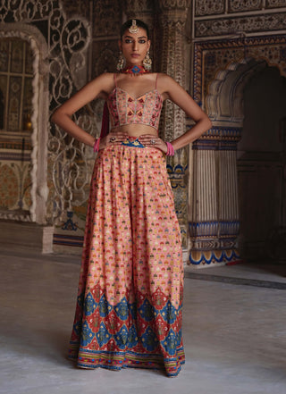 Saima Sunset Orange Sharara Set by Kalista available on Indiaspopup
