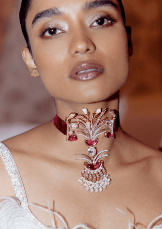 Outhouse-Rose Gold Sunset Fish Velvet Choker-INDIASPOPUP.COM