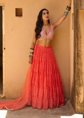 Chamee And Palak-Orange Bandhani Lehenga Set-INDIASPOPUP.COM