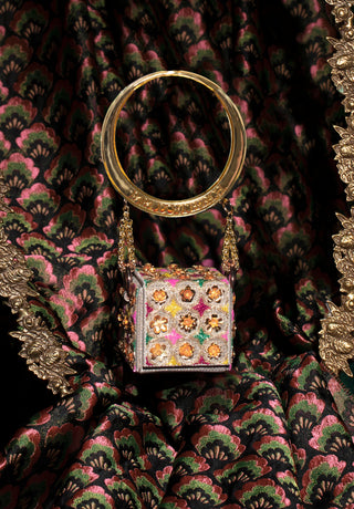 Papa Don'T Preach By Shubhika-Gold Floral Mini Cube Bag-INDIASPOPUP.COM