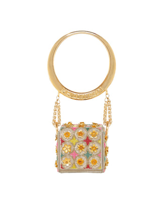 Papa Don'T Preach By Shubhika-Gold Floral Mini Cube Bag-INDIASPOPUP.COM