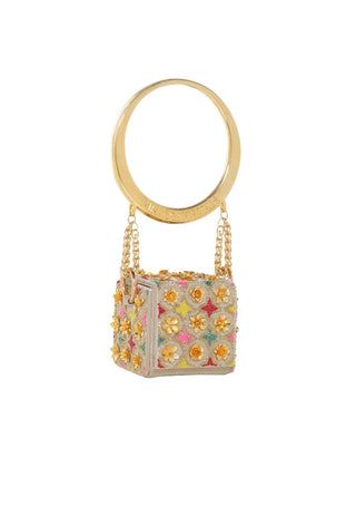 Papa Don'T Preach By Shubhika-Gold Floral Mini Cube Bag-INDIASPOPUP.COM