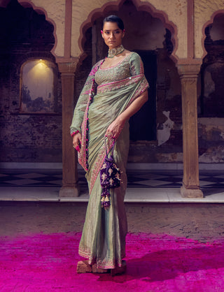 Punit Balana Sage Green Classic Tissue Silk Sari And Blouse available on indiaspopup
