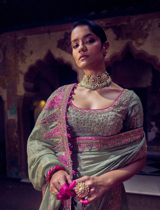 Punit Balana Sage Green Classic Tissue Silk Sari And Blouse available on indiaspopup