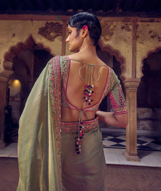 Punit Balana Sage Green Classic Tissue Silk Sari And Blouse available on indiaspopup