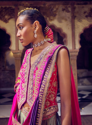 Punit Balana Green And Pink Johri Skirt Set available on indiaspopup