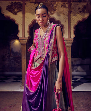 Punit Balana Green And Pink Johri Skirt Set available on indiaspopup