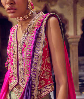 Punit Balana Green And Pink Johri Skirt Set available on indiaspopup