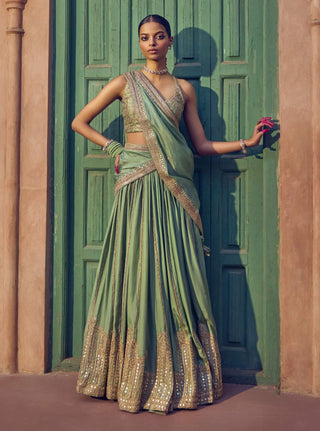 Punit Balana Sage Green Jharokha Lehenga Set available on indiaspopup