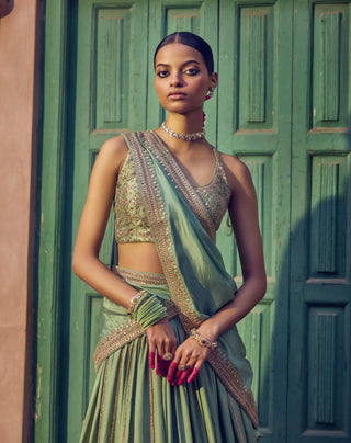 Punit Balana Sage Green Jharokha Lehenga Set available on indiaspopup