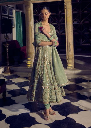 Punit Balana Sage Green Pakeezah Tissue Anarkali Set available on indiaspopup