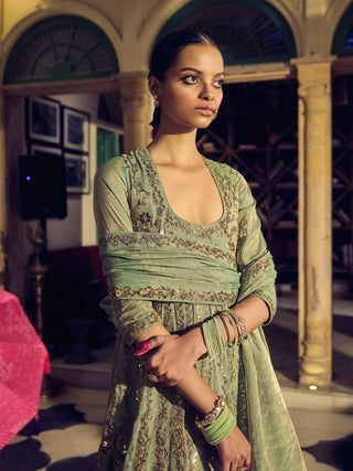 Punit Balana Sage Green Pakeezah Tissue Anarkali Set available on indiaspopup