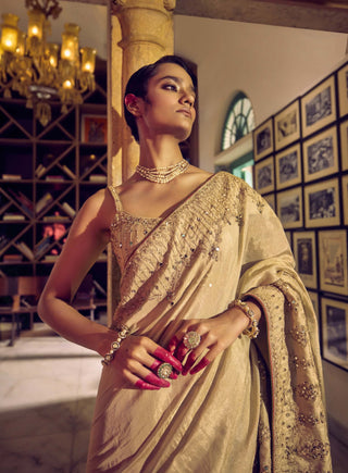 Punit Balana Gold Classic Gold Tissue Sari And Blouse available on indiaspopup