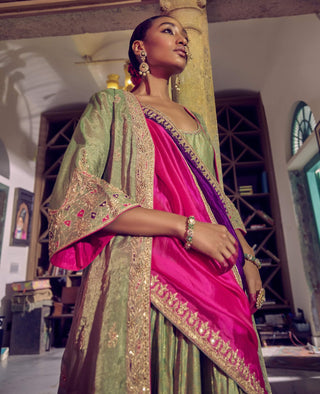 Punit Balana Sage Green Rani Sa Anarkali And Jacket Set available on indiaspopup