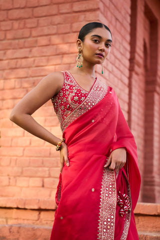 Punit Balana Red Classic Surkh Laal Sari And Blouse available on indiaspopup