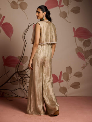 Gold embellished jacket and pleated jumpsuit