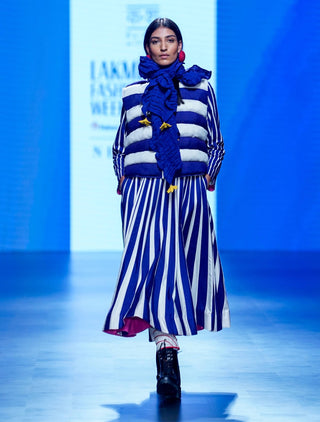 Navy White Striped Jacket And Dress by Ka-Sha available on Indiaspopup