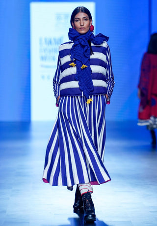 Navy White Striped Jacket And Dress by Ka-Sha available on Indiaspopup