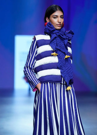 Navy White Striped Jacket And Dress by Ka-Sha available on Indiaspopup