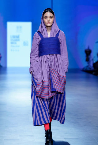 Navy Purple Blazer And Stripe Pant Set by Ka-Sha available on Indiaspopup
