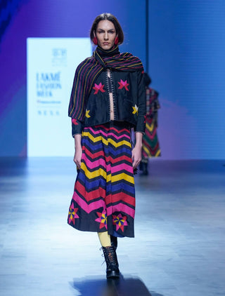 Black Multicolor Tara Skirt And Jacket Set by Ka-Sha available on Indiaspopup