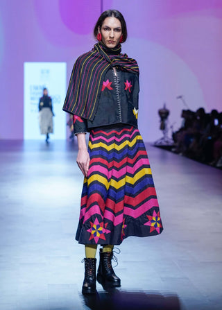 Black Multicolor Tara Skirt And Jacket Set by Ka-Sha available on Indiaspopup