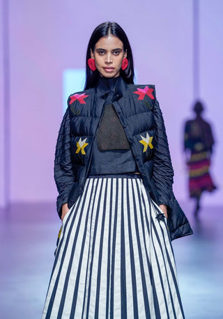 Black Multi Puffer Jacket And Skirt Set by Ka-Sha available on Indiaspopup