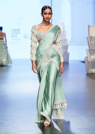 Vvani By Vani Vats-Powder Mint Chandelier Drop Sari And Blouse-INDIASPOPUP.COM