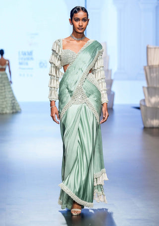 Vvani By Vani Vats-Powder Mint Chandelier Drop Sari And Blouse-INDIASPOPUP.COM