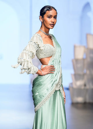 Vvani By Vani Vats-Powder Mint Chandelier Drop Sari And Blouse-INDIASPOPUP.COM