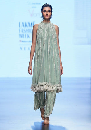Vvani By Vani Vats-Powder Mint Green Chandelier Kurta And Pants-INDIASPOPUP.COM