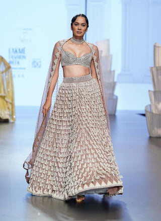 Vvani By Vani Vats-Deep Beige Chandelier Pearl Drop Lehenga Set-INDIASPOPUP.COM