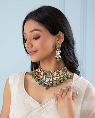 Bhavika red and green polki necklace set