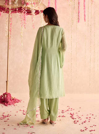 Mint green embellished pleated kurta and salwar set