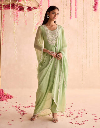 Mint green embellished pleated kurta and salwar set