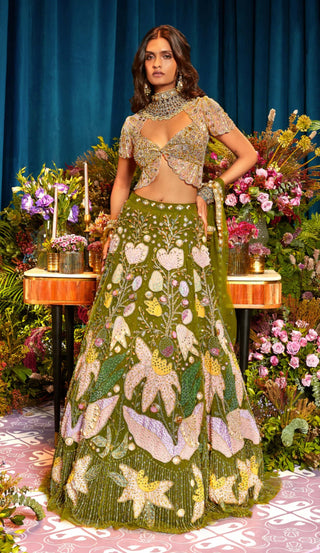 Papa Don'T Preach By Shubhika-Melisa Olive Lehenga Set-INDIASPOPUP.COM