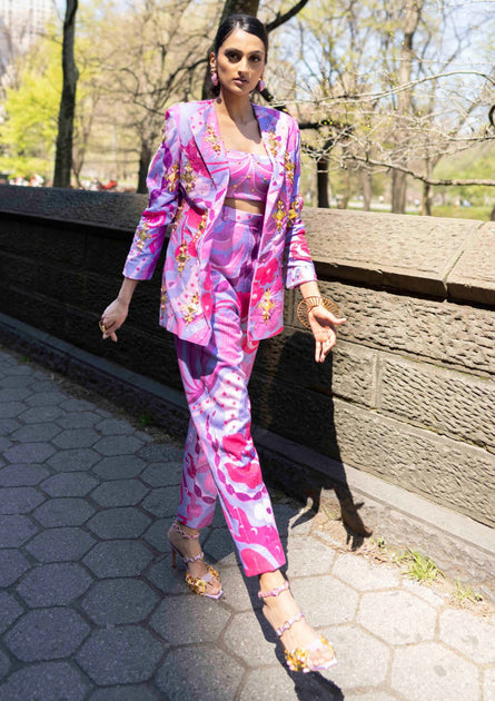 Printed Pant Suits Outfit 2026.Living coral lilac sequin printed pant suit set
