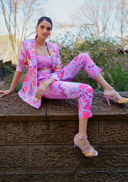 Printed Pant Suits Outfit 2026.Living coral lilac sequin printed pant suit set