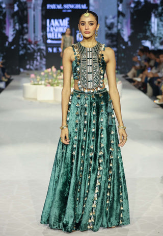 Rania Emerald Green Back Tie-Up Choli And Slit Skirt by Payal Singhal available on Indiaspopup