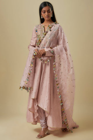 Onion pink embroidered high low anarkali set
