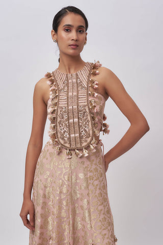 Blush pink velvet embroidered bustier and skirt
