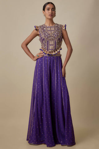 Purple georgette embroidered choli and mukaish sharara