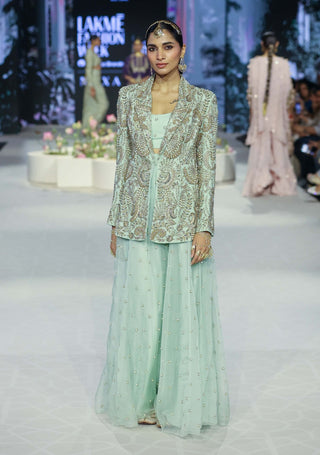 Shazia Mint Embroidered Blazer And Sharara Set by Payal Singhal available on Indiaspopup