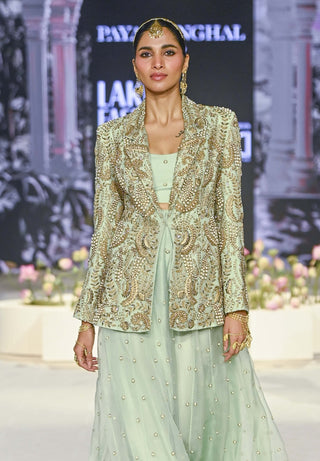 Shazia Mint Embroidered Blazer And Sharara Set by Payal Singhal available on Indiaspopup
